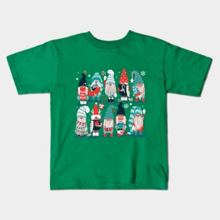 Let it gnome // spot // dark teal background little Santa's helpers preparing for Christmas neon red mint dark green and duck egg blue dressed gnomes Kids T-Shirt